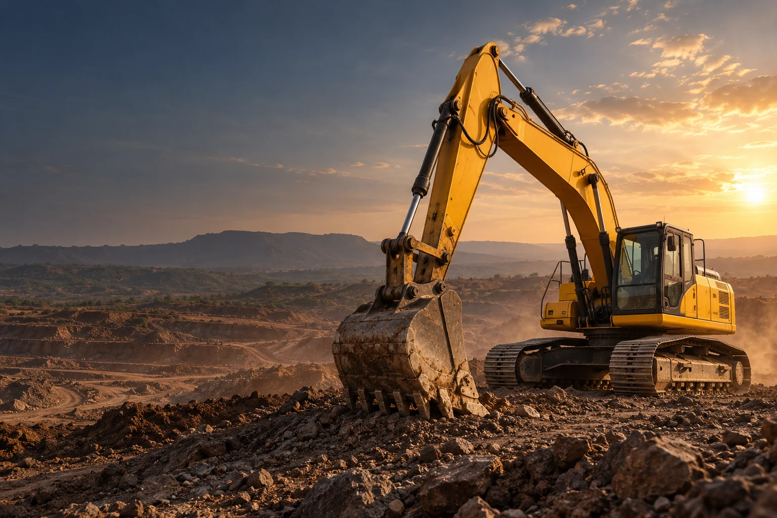 Illustrative yellow excavator resting on a rocky earthwork site in warm evening light